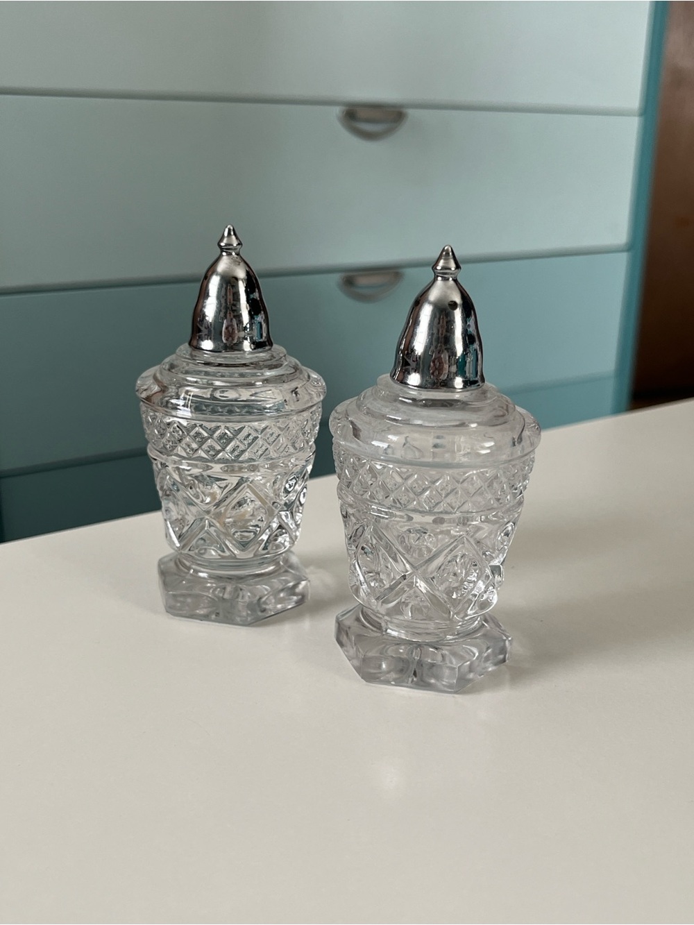 Imperial Glass Cape Cod faceted Salt and Pepper Shakers with Silver-Tone Tops